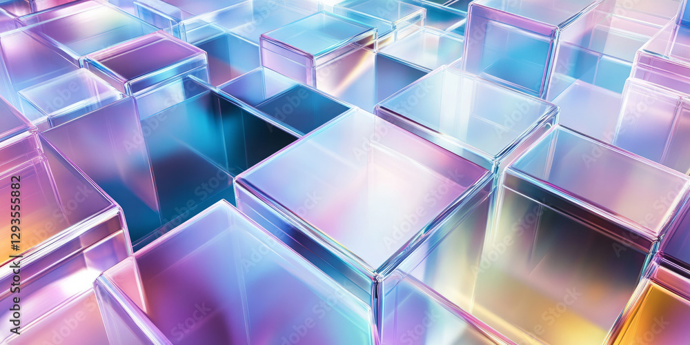Poster a complex abstract background with a geometric maze of floating transparent prisms, illuminated by s