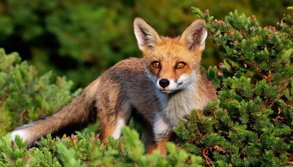 Naklejka premium Curious Fox Emerges from Shadows A Moment of Wild Wonder amidst Autumnal Forest Hues, at