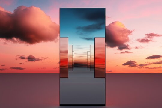 Floating doors of cybernetic energy, opening into infinite dreamlike landscapes of AI-generated neural awareness