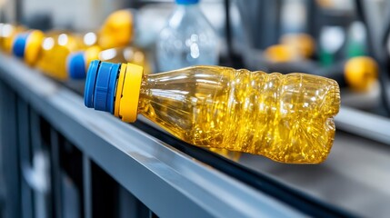 Yellow Plastic Bottle on Conveyor Belt in Manufacturing Facility