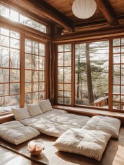 A comfortable cozy room has windows and a seating area