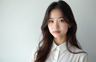 Young asian woman poses against white background. Girl wears smart casual office attire. Korean model with long hair is good for business lifestyle or beauty product demo.
