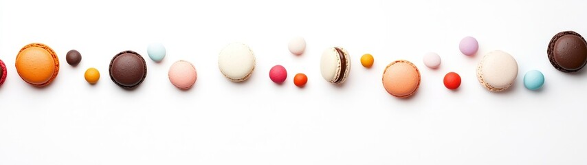 Obraz premium Colorful Macarons and Confectionery on White Background Display