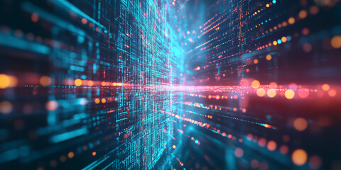 Fototapeta premium A visually dynamic abstract background with softly glowing, layered fractals forming an intricate digital tapestry. The high-tech, futuristic composition creates a seamless blend of cyber elegance and