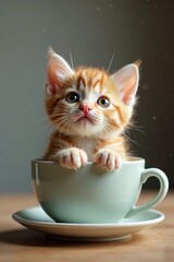 Cute kitten in a teacup looking up with big eyes, cartoon, big eyes, illustration