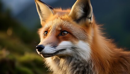 Fototapeta premium Majestic Red Fox Amidst Winters Twilight Glow, Set Against a Backdrop of Frosty Forest and SnowCapped Mountains, Captured at on February ,