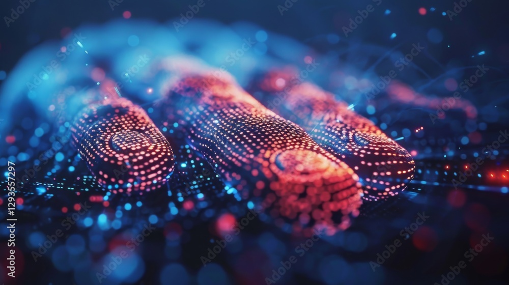 Fototapete Glowing digital fingerprint patterns create a striking visual effect in blue and red hues, representing advancements in biometric security and technology in a modern setting.