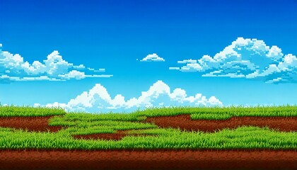 レトロゲーム風の自然のピクセルアート背景（明るい青空と地面） Generative AI