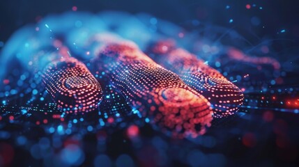 Glowing digital fingerprint patterns create a striking visual effect in blue and red hues, representing advancements in biometric security and technology in a modern setting.