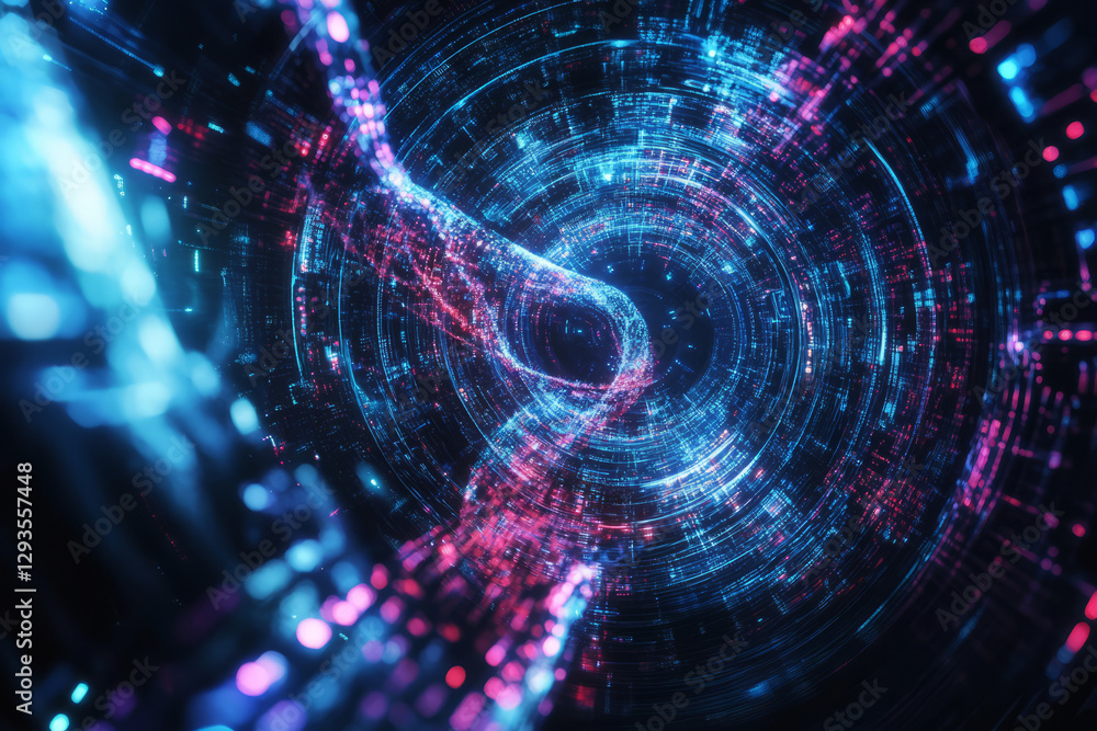 Poster a mesmerizing futuristic ai-generated fractal, composed of swirling holographic digital data cluster