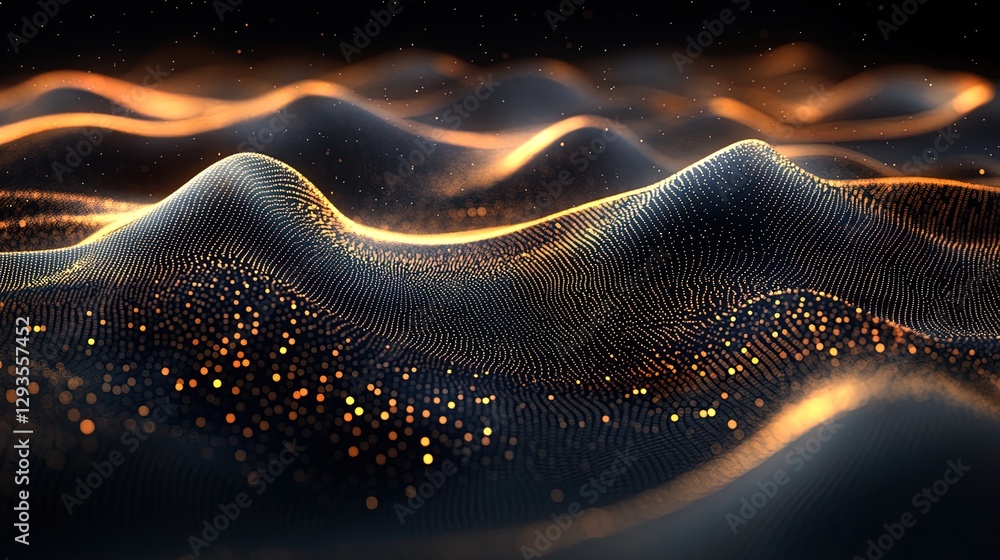 Poster quantum waves represented by rippling light patterns in a dark space, mystical and complex
