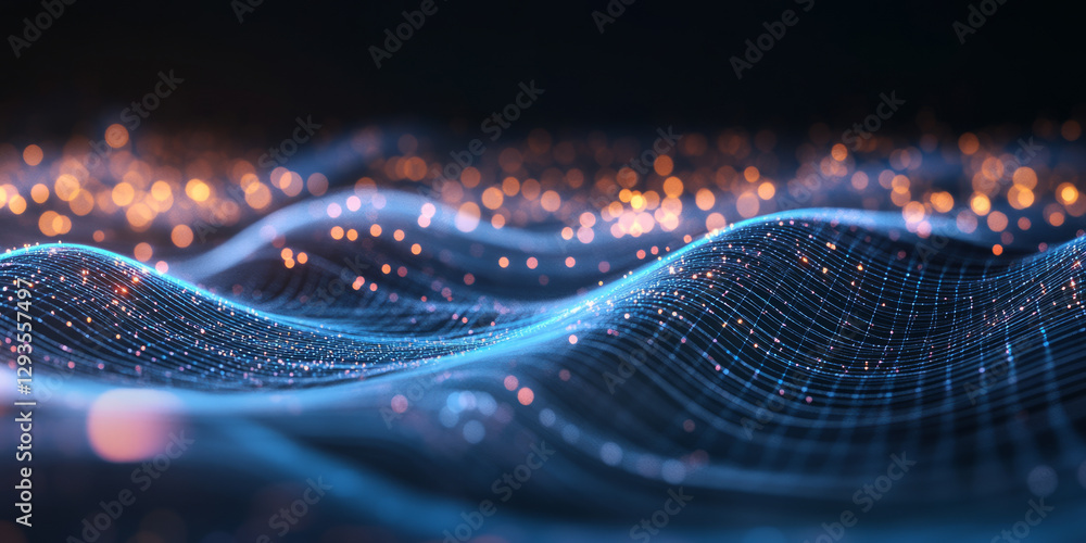 Poster a sleek and dynamic abstract background with softly flowing neon currents forming a radiant cybernet