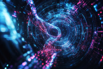 A mesmerizing futuristic AI-generated fractal, composed of swirling holographic digital data clusters, glowing cybernetic connections, and pulsating quantum energy waves. The high-tech background