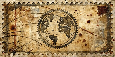 Vintage World Map with Gear Design on Grunge Paper Background