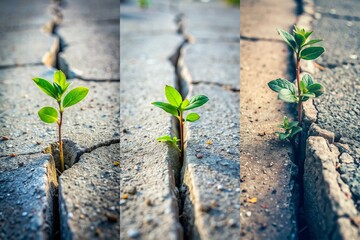 Three different stages of a plant growing in a crack in the pavement. The first stage is a small seedling, the second stage is a small plant, and the third stage is a small tree