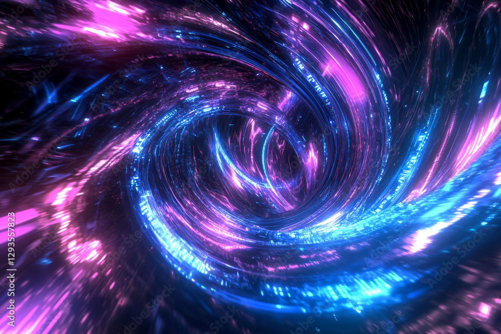 Poster a futuristic digital wave composed of glowing blue and magenta data streams, forming an intricate pa