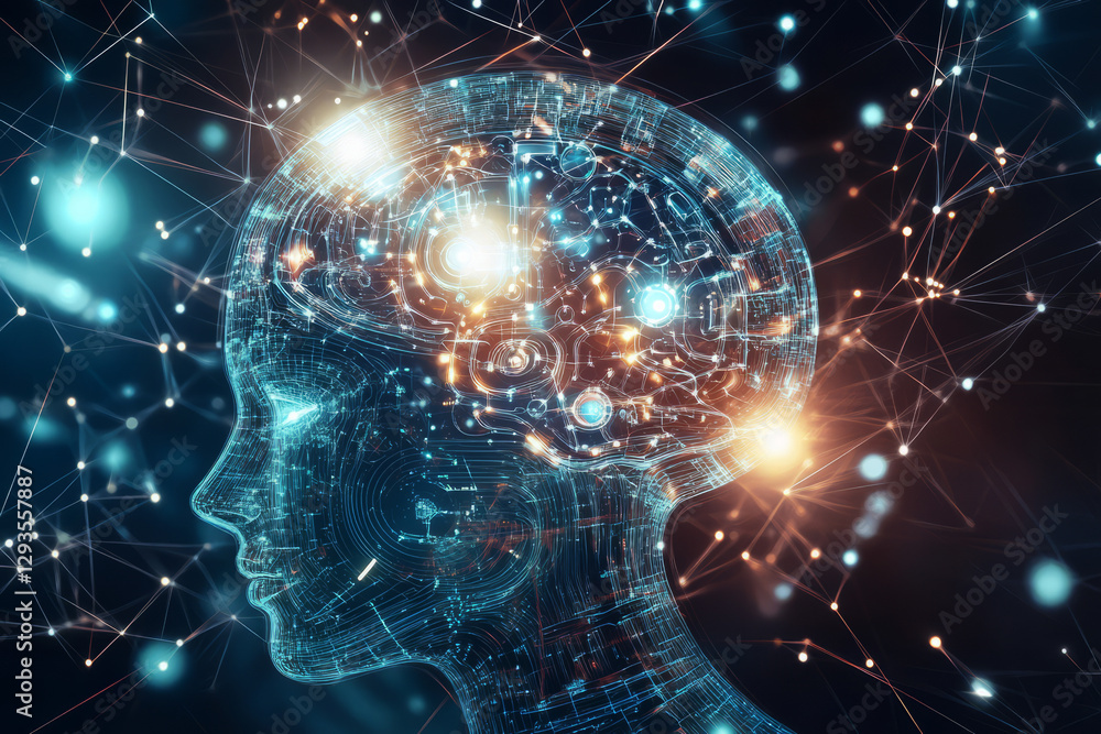 Aufkleber futuristic abstract representation of artificial intelligence, featuring a glowing humanoid head com