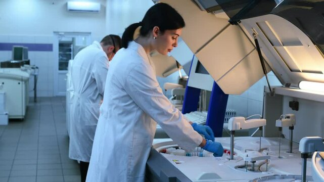 Team of two people scientists: man and woman working in modern medical laboratory at night with equipment, cinematic light