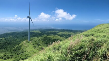 Scenic Wind Turbine Overlooking Lush Green Hills and Ocean in Beautiful Sunny Landscape