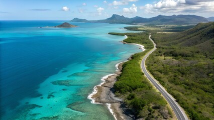 aerial view of the sea and mountains , aerial view of coastal region with turquoise sea, lush greenery, rocky outcrops, and distant islands under clear sky