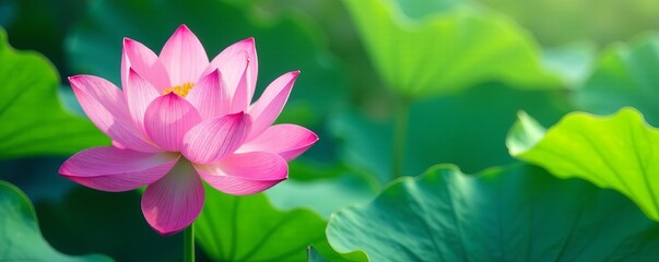 Fototapeta premium Delicate pink lotus flower surrounded by green leaves, watercolor style, flower, nature, green