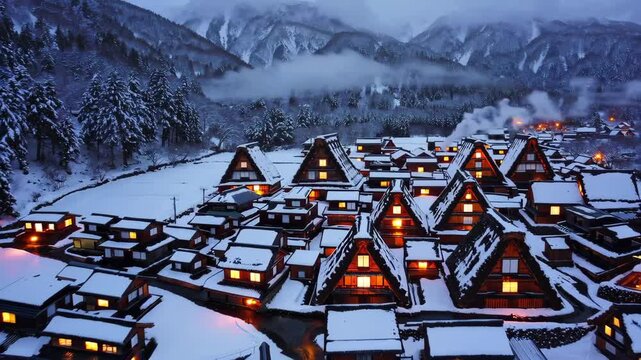 Aerial View of Shirakawa-go in Winter: A Traditional Japanese Snow-Covered Village