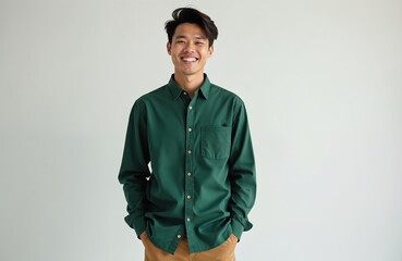 Full length portrait of handsome cheerful asian man in green shirt smiles broadly, poses with hands in pockets. Guy isolated on white background, wears casual modern outfit. Youth fashion.