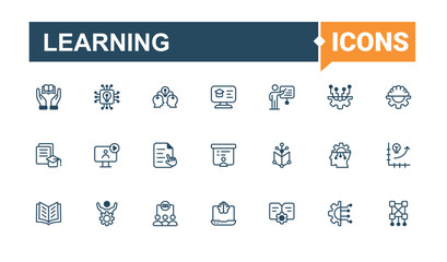 Learning line icons set. Contains linear outline icons like class, quiz, thin, space, tutorial and more. Isolated icon. Editable vector outline and solid icons.