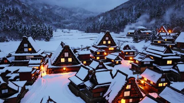 Aerial View of Shirakawa-go in Winter: A Traditional Japanese Snow-Covered Village