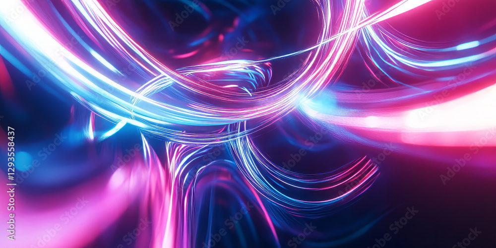 Poster a surreal abstract background with infinite, softly glowing neon ribbons dynamically weaving through