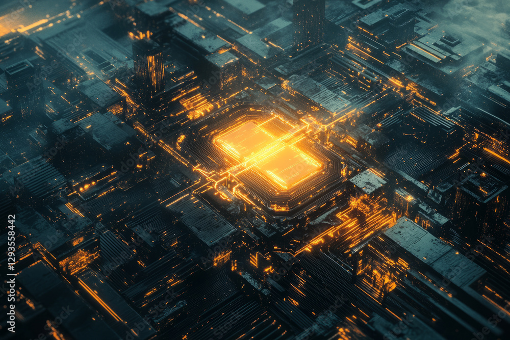 Poster a futuristic cityscape composed entirely of glowing data streams, floating holographic structures, a