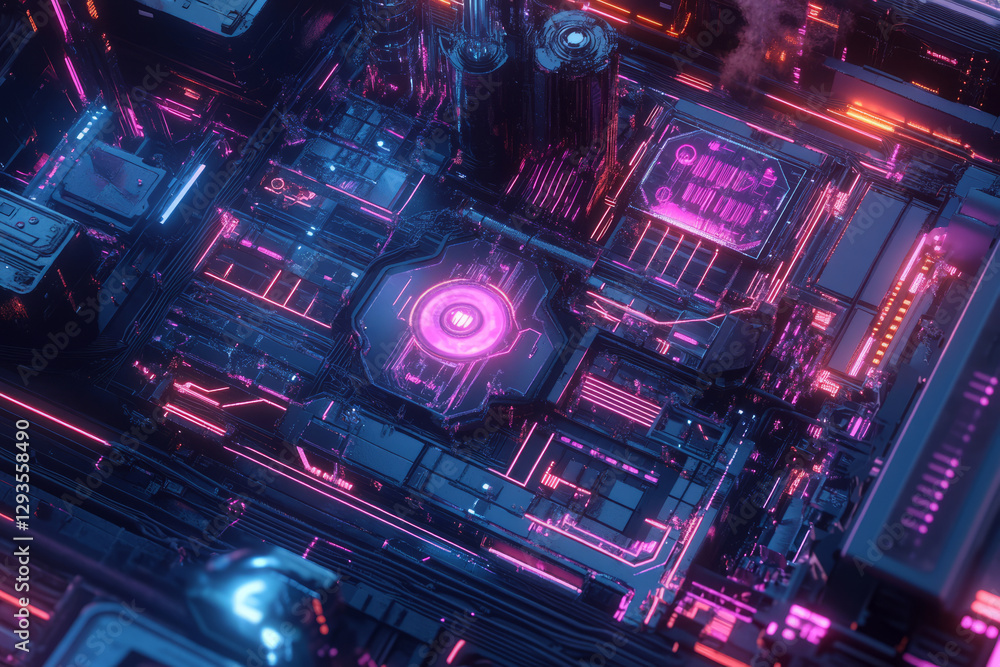 Poster a futuristic smart grid, featuring interconnected glowing ai-driven data pathways, cybernetic energy