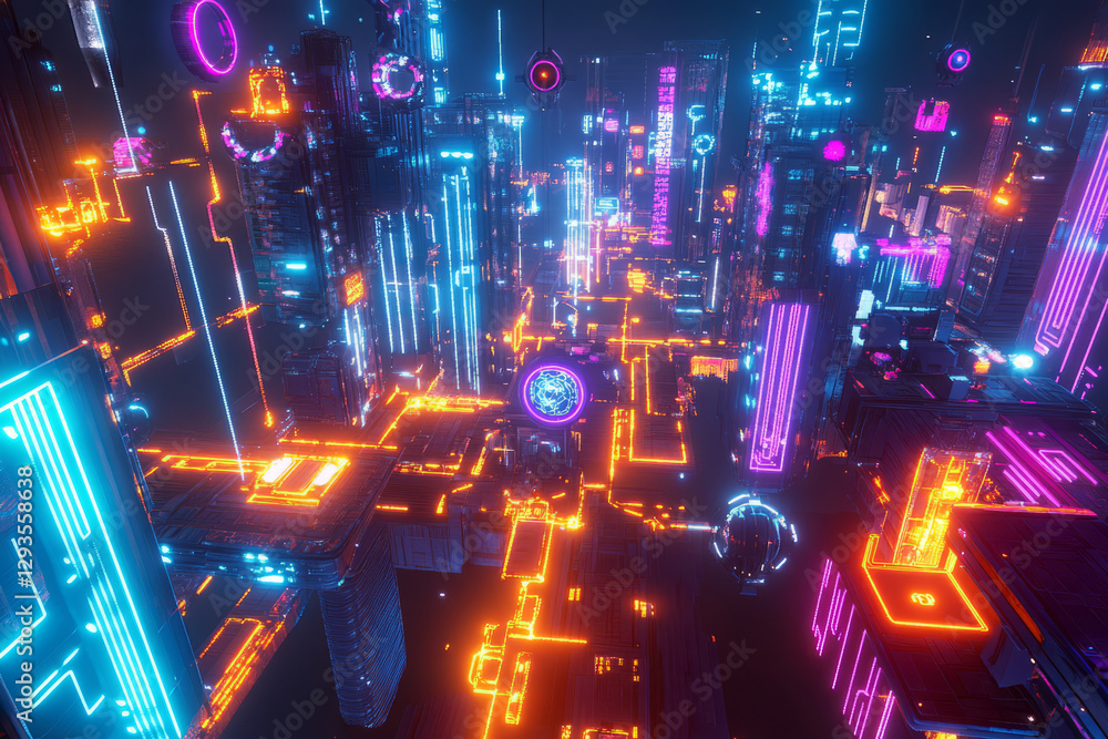 Poster a futuristic holographic city map, displaying glowing cybernetic pathways, interconnected ai-driven 