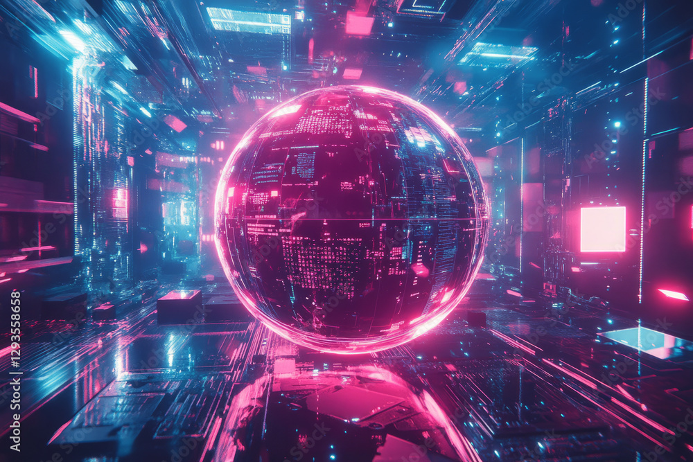 Poster a mesmerizing floating ai-driven data sphere, surrounded by glowing cybernetic energy waves, futuris