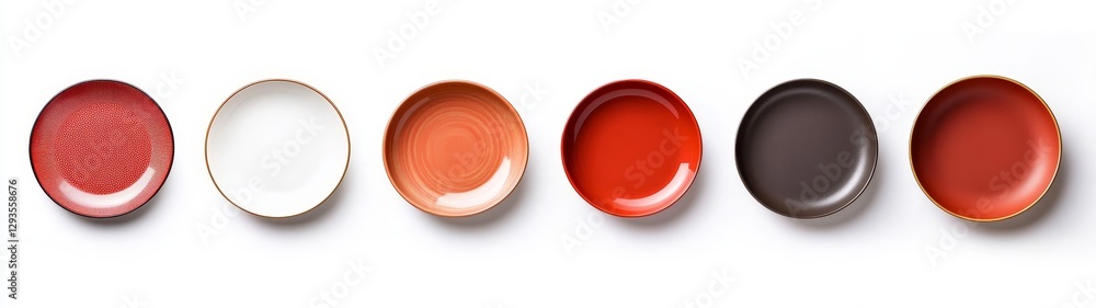 Poster colorful assortment of empty plates on a white background