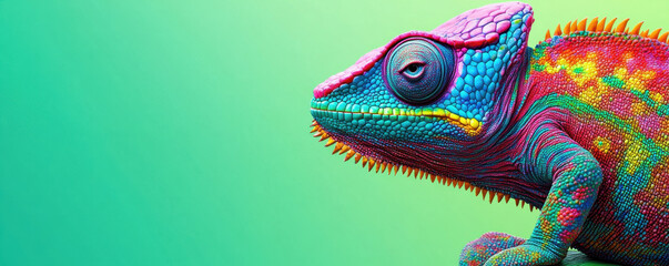 Obraz premium vibrant chameleon with colorful scales against gradient background, showcasing its unique patterns and textures. This quirky reptile exudes playful charm
