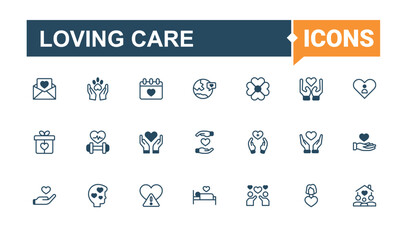 Loving Care linear icon collection. Includes icons for hope, support, team, unity, Love, respect, giving, shake, donation. Set of line pictogram. Editable vector outline and solid icons.