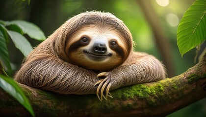 Fototapeta premium Friendly and Smiling Sloth on Tree Branch in Vibrant Tropical Rainforest Backdrop, Showcasing Joyful Serenity amidst Natures Splendor