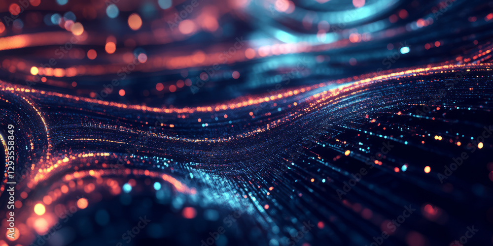 Poster a futuristic abstract background with infinite, glowing neon mesh ribbons dynamically weaving throug