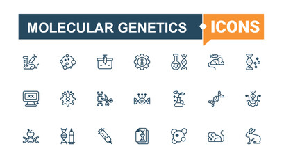 Molecular Genetics icons set in linear style. Featuring bio, biotechnology, laboratory, biology, gene, dna, engineering, research. Simple line vector. Solid line editable stroke. Vector collection.