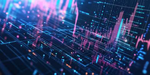 Fototapeta premium A mesmerizing representation of futuristic digital finance, featuring glowing holographic stock market analytics, AI-powered blockchain transaction grids, and pulsating quantum economic charts. The
