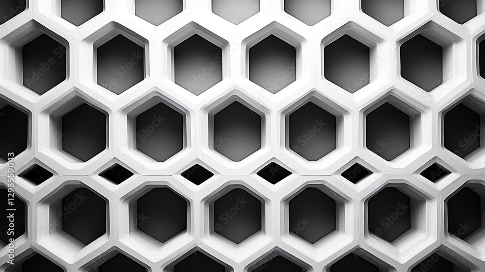 Poster minimalist black-and-white geometric grid with repeating hexagonal shapes, modern and clean