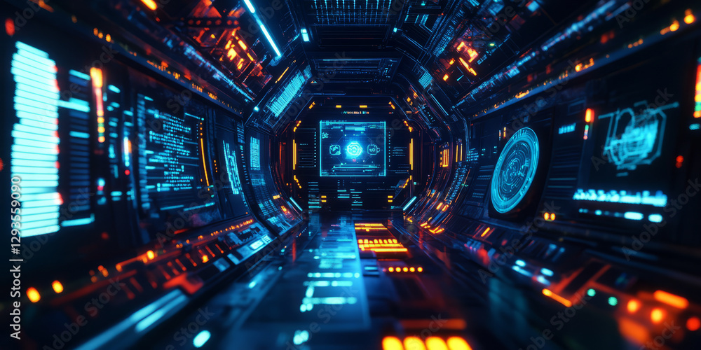 Poster a glowing futuristic ai-powered space station, displaying cybernetic holographic astronaut interface