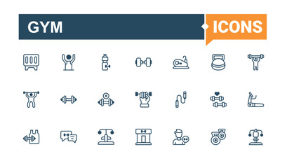 Gym icons set. Featuring ui, press, bottle, muscle, sport, healthy and more. Thin linear style icons. Solid line editable stroke. Vector line and solid icons.