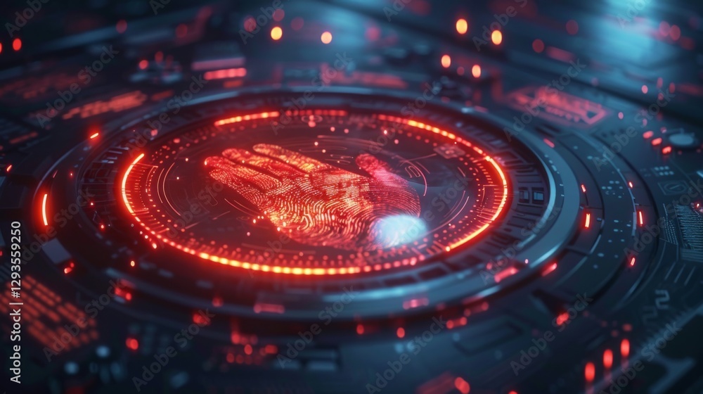 Poster A fingerprint scanner is prominently featured on a digital display with intricate designs, glowing red and blue lights creating a high tech atmosphere, emphasizing digital security technology.