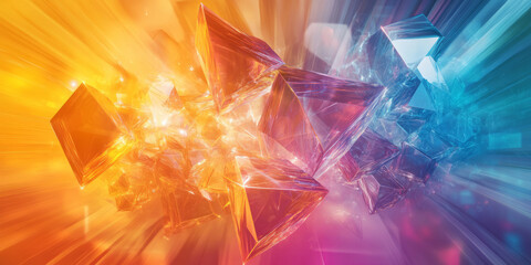A breathtaking abstract background featuring layered crystalline formations, illuminated by diffused neon radiance. The floating geometric shards refract light dynamically, creating an ethereal sci-fi