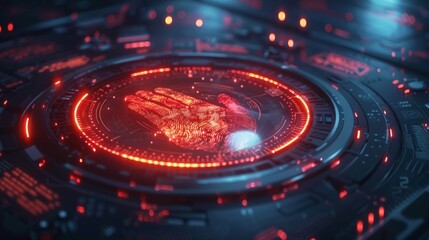 A fingerprint scanner is prominently featured on a digital display with intricate designs, glowing red and blue lights creating a high tech atmosphere, emphasizing digital security technology.