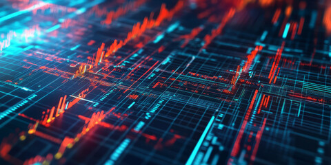 A mesmerizing representation of futuristic digital finance, featuring glowing holographic stock market analytics, AI-powered blockchain transaction grids, and pulsating quantum economic charts. The