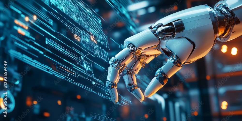 Poster a futuristic ai-powered industrial automation system, featuring glowing cybernetic robotic arms, pul