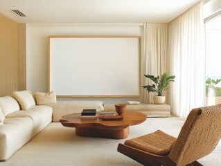 A living room with a white wall and a large white television. A brown chair is in the room